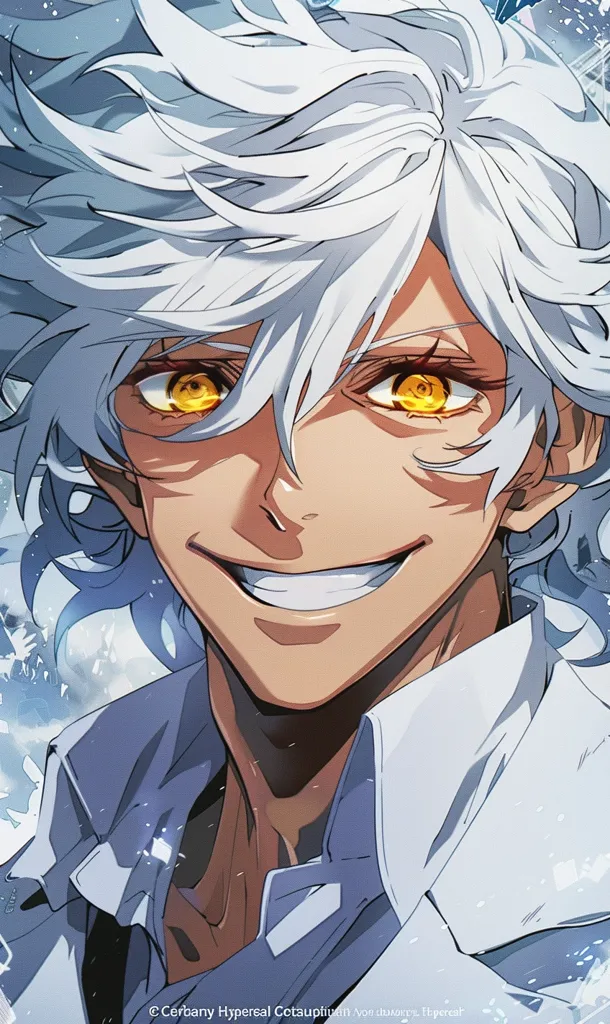 The image features a close-up portrait of a young man with long, flowing white hair and piercing golden eyes. He is wearing a light blue shirt with a collar and has a mischievous smile on his face. His eyes are sharp and intelligent, and his expression is a mix of confidence and amusement.  The background is a blurry blue and white, with hints of snowflakes.  The image is drawn in a stylized anime style, with bold lines and vibrant colors.  The overall tone of the image is playful and enigmatic.