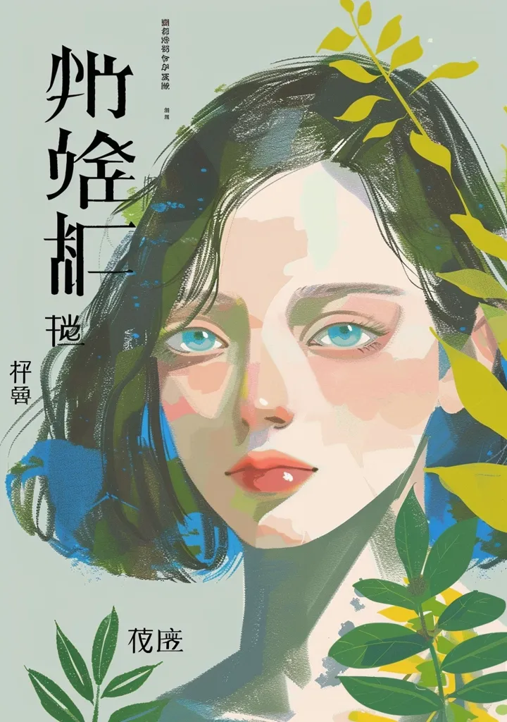 A close-up portrait of a woman with blue eyes and pink lips. Her face is partially obscured by green leaves and a branch of yellow leaves. The image is painted in a stylized, painterly manner with a soft focus. The background is light blue and the image is framed by a border of text in Chinese characters.  There is a word "夜 僪" (Ye Wei)  on the bottom of the image.