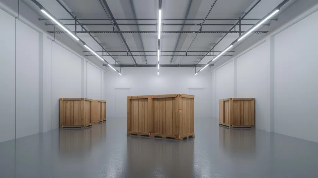 A large, empty warehouse with white walls and a gray floor. There are long, fluorescent lights on the ceiling and multiple wooden crates are placed in the center of the room, creating a stark and minimalist scene. The room is otherwise devoid of furniture or other objects, emphasizing the spaciousness of the warehouse.