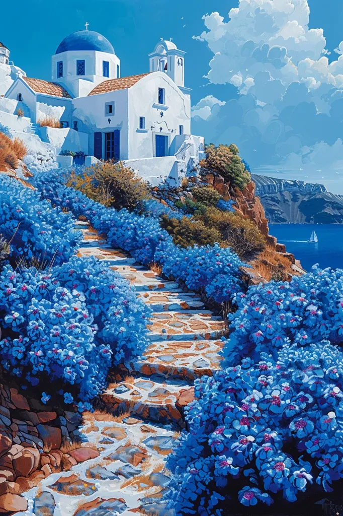 A whitewashed church with a blue dome sits perched on a cliff overlooking a bright blue sea. Lush blue flowers line the path leading up to the church, contrasting with the white walls and the bright blue sky. The image evokes a sense of tranquility and beauty.