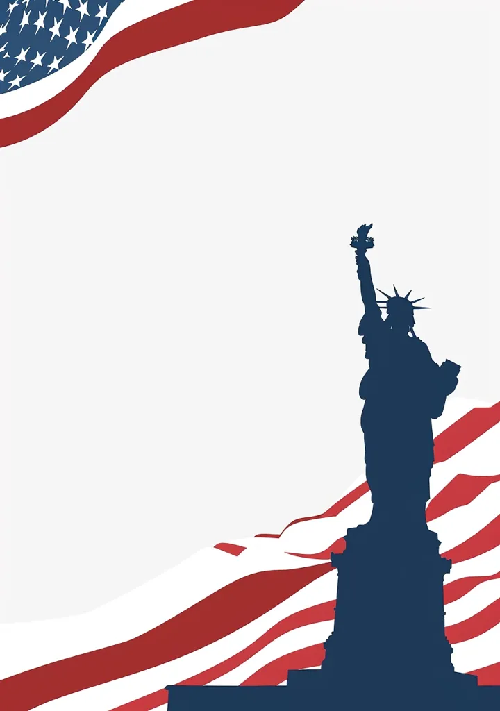 The image depicts the Statue of Liberty standing tall against a backdrop of an American flag. The silhouette of the statue is prominent, with the torch held high. The flag is positioned at the bottom, flowing behind the statue, creating a sense of patriotism and national pride. The white background provides a clean and simple canvas for the impactful image.