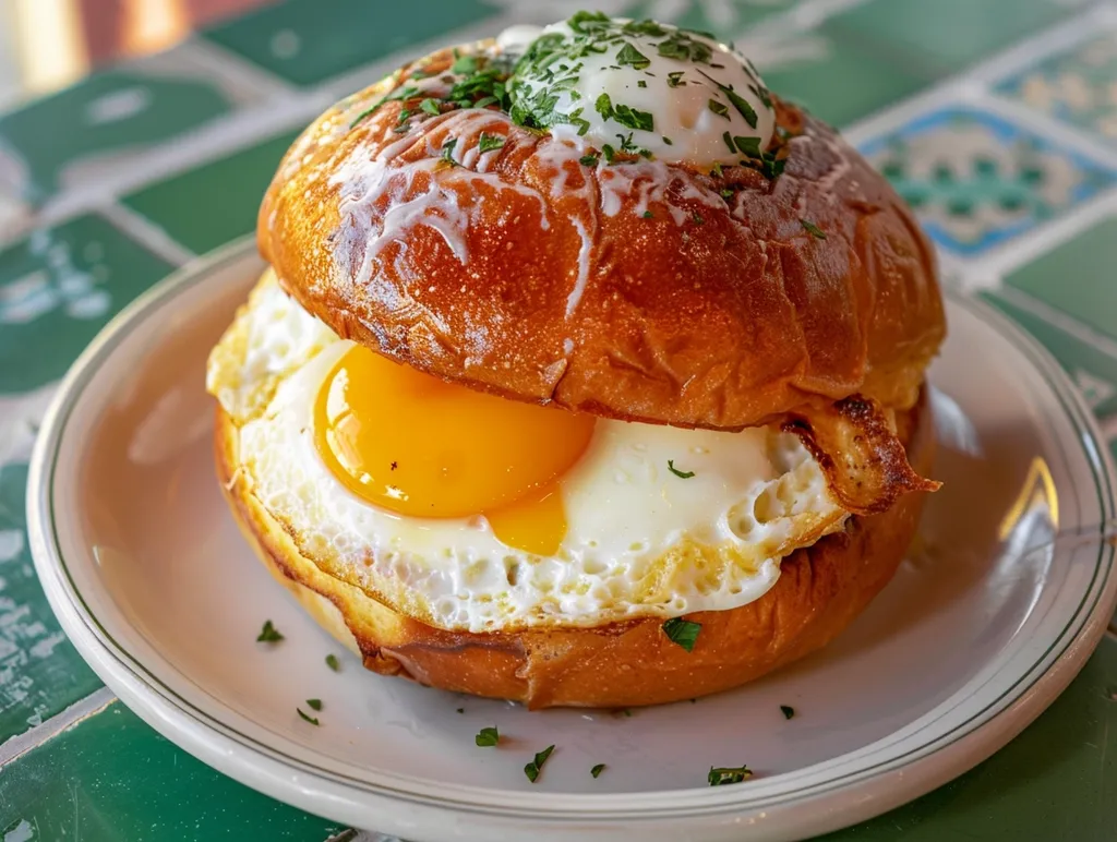 A close-up shot of a breakfast sandwich on a white plate. The sandwich is made with a toasted bun, two fried eggs with runny yolks, and a dollop of mayonnaise.  The sandwich is garnished with fresh parsley.  The background is a green and white tiled surface.