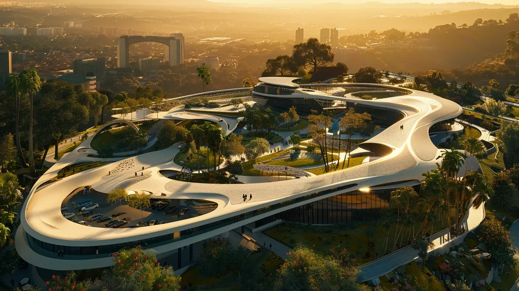 The image depicts a futuristic, organic-shaped building nestled amidst a lush, green landscape. The building features flowing, curved lines and a rooftop that blends seamlessly with the surrounding gardens. Palm trees and other tropical plants dot the grounds, creating a tranquil atmosphere. The distant cityscape and a golden sunset cast a warm glow over the scene.