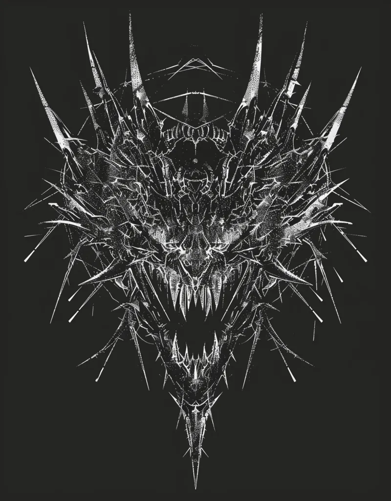 The image is a white and black graphic illustration of a monstrous face with a gaping, toothy maw.  It is composed of jagged lines and spikes, creating a menacing and chaotic effect. The face is centered against a dark background.  The overall tone is dark and aggressive.