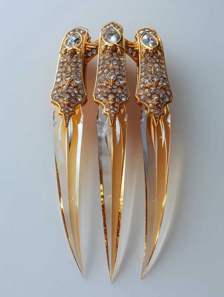 The image shows a golden and crystal claw-like ornament, likely a piece of jewelry or a decorative object. It features three sharp, pointed blades made of clear crystal, each with a golden trim. The upper part of each blade is adorned with a intricate design, set with tiny, sparkling gemstones.