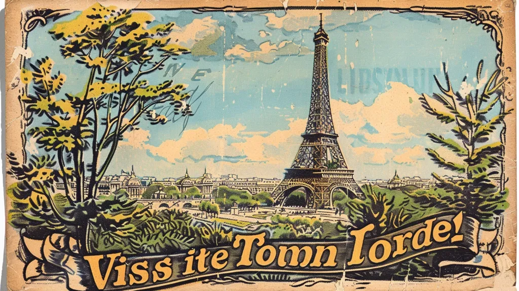 The image is a vintage postcard depicting the Eiffel Tower in Paris, France. The postcard is worn and faded, with a  blue sky and white clouds above the iconic landmark. The text "Viss ite Tomn Lorde!" is written across the bottom in a stylized font. The postcard evokes a sense of nostalgia and travel.