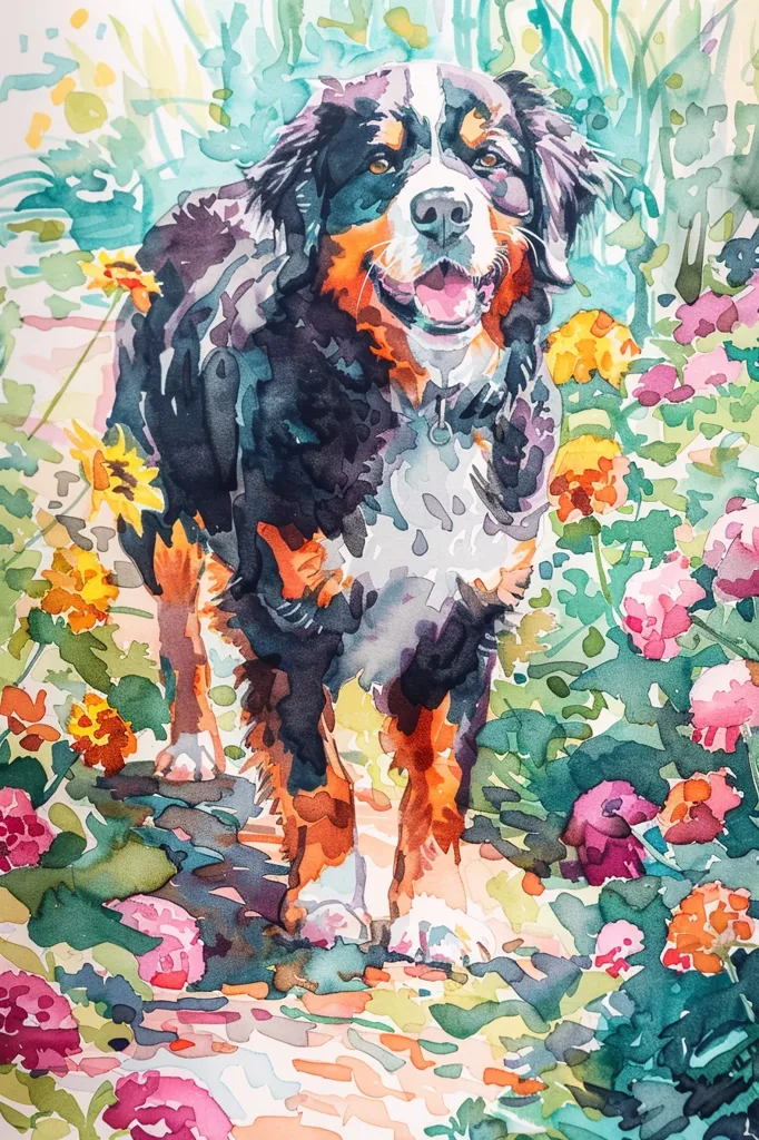 The watercolor painting depicts a Bernese Mountain Dog standing in a lush garden. The dog has a black and white coat with brown markings, and is smiling with its tongue out. The garden is filled with vibrant flowers, including pink, yellow, and green, creating a picturesque backdrop. The artist has used soft, flowing brushstrokes to capture the beauty of the dog and its surroundings.  The overall effect is one of joy and serenity.