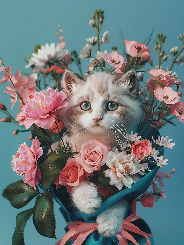 A white cat with blue eyes is peeking out from a bouquet of pink and white flowers. The bouquet is wrapped in teal paper with a pink ribbon. The cat's paws are visible, one resting on the ribbon. The background is a light blue wall. The image is soft and dreamy, capturing a moment of innocence and beauty.