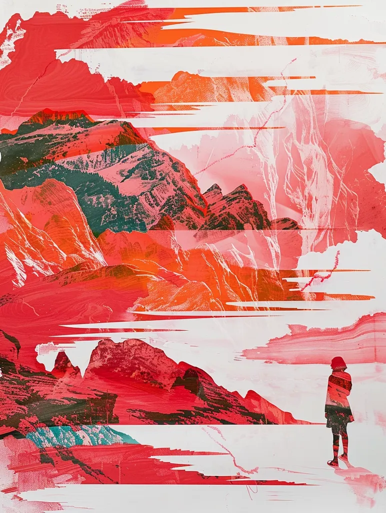 A single figure stands silhouetted in the lower right corner of a digital artwork. The figure is a woman with short hair, facing away from the viewer. The background is a complex layering of red and pink hues that evoke a sense of depth and mystery. Abstract shapes reminiscent of mountains and landscapes are visible. The overall impression is one of solitude and a sense of the vastness of nature.