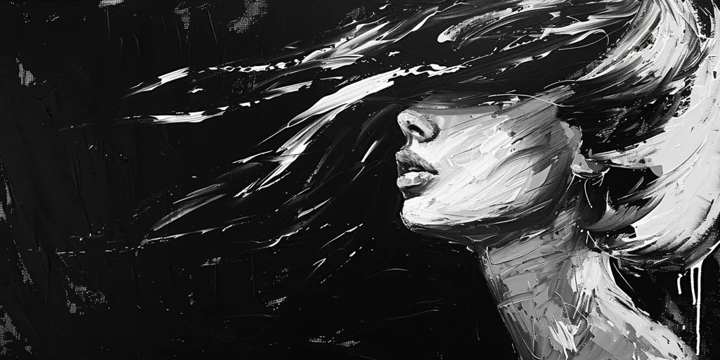 The image is a black and white painting of a woman's face. The woman's hair is long and flowing, and her eyes are closed. The background is a dark, abstract design. The painting is done in a loose, expressive style, with thick strokes of paint. The overall effect is one of mystery and emotion.