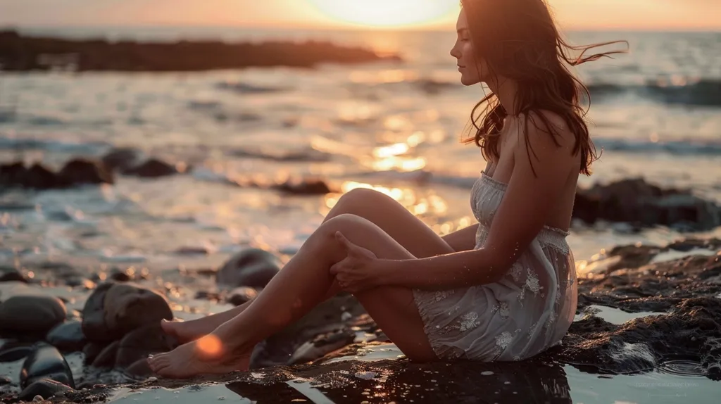 A young woman sits on a rocky beach, her bare feet dipping into the shallow water. The setting sun casts a warm glow on her face and the rippling waves.  Her white dress drapes loosely around her as she gazes out at the horizon, a sense of quiet contemplation in her posture. The scene evokes a feeling of peaceful solitude and the beauty of a summer evening by the sea.