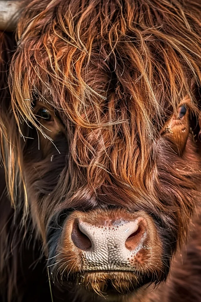 A close-up shot of a Highland cow, with long, reddish-brown fur covering its face. Only the nose and a glimpse of the eye are visible. The fur is soft and fluffy, with a slight sheen. The cow's expression is calm and gentle.  The image is focused on the cow's face, highlighting the texture and details of its fur.  The background is blurred, creating a sense of depth and drawing attention to the subject.