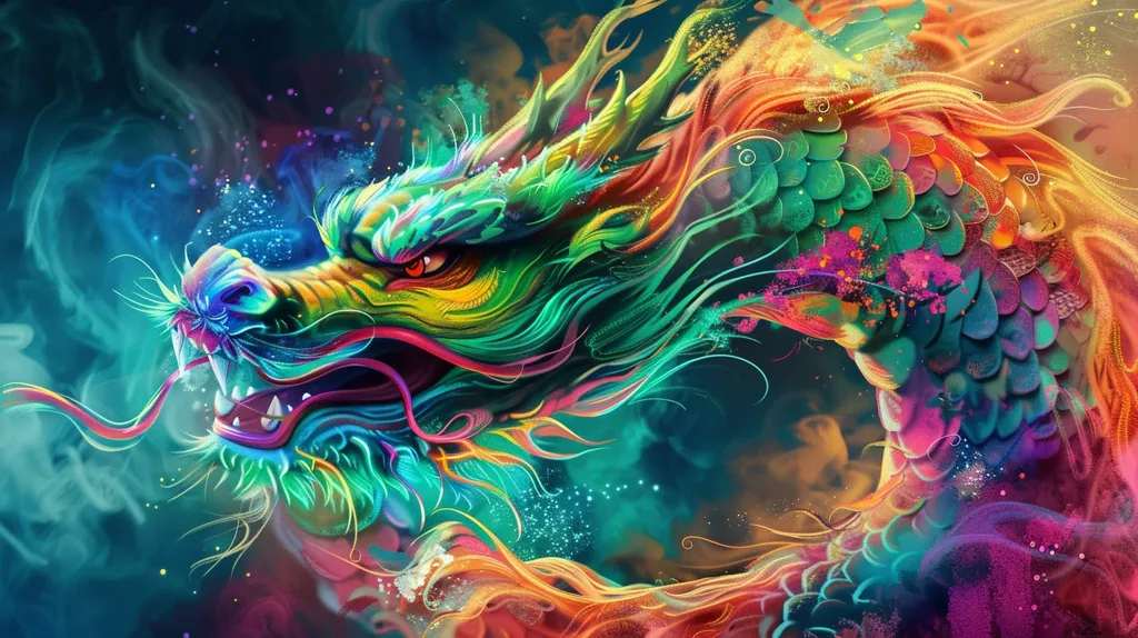 A vibrant and colorful dragon is depicted, its scales shimmering with a rainbow of hues. The dragon's head is turned, showcasing its sharp teeth and piercing red eye. Its body is intertwined with swirling smoke and bright splashes of paint, creating a dynamic and abstract composition. The image is a captivating blend of realism and fantasy, with a captivating mix of vibrant colors.