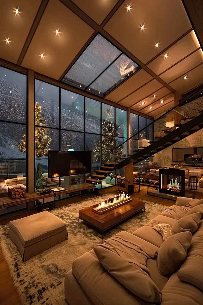 A modern living room with a large, open floor plan features a cozy couch, a coffee table with a fireplace, and a large window overlooking a snowy landscape. The room is illuminated by warm, ambient lighting and decorated with wooden accents. A staircase leads to an upper level, while a flat-screen TV is mounted on the wall.  The overall feeling is one of relaxed luxury.