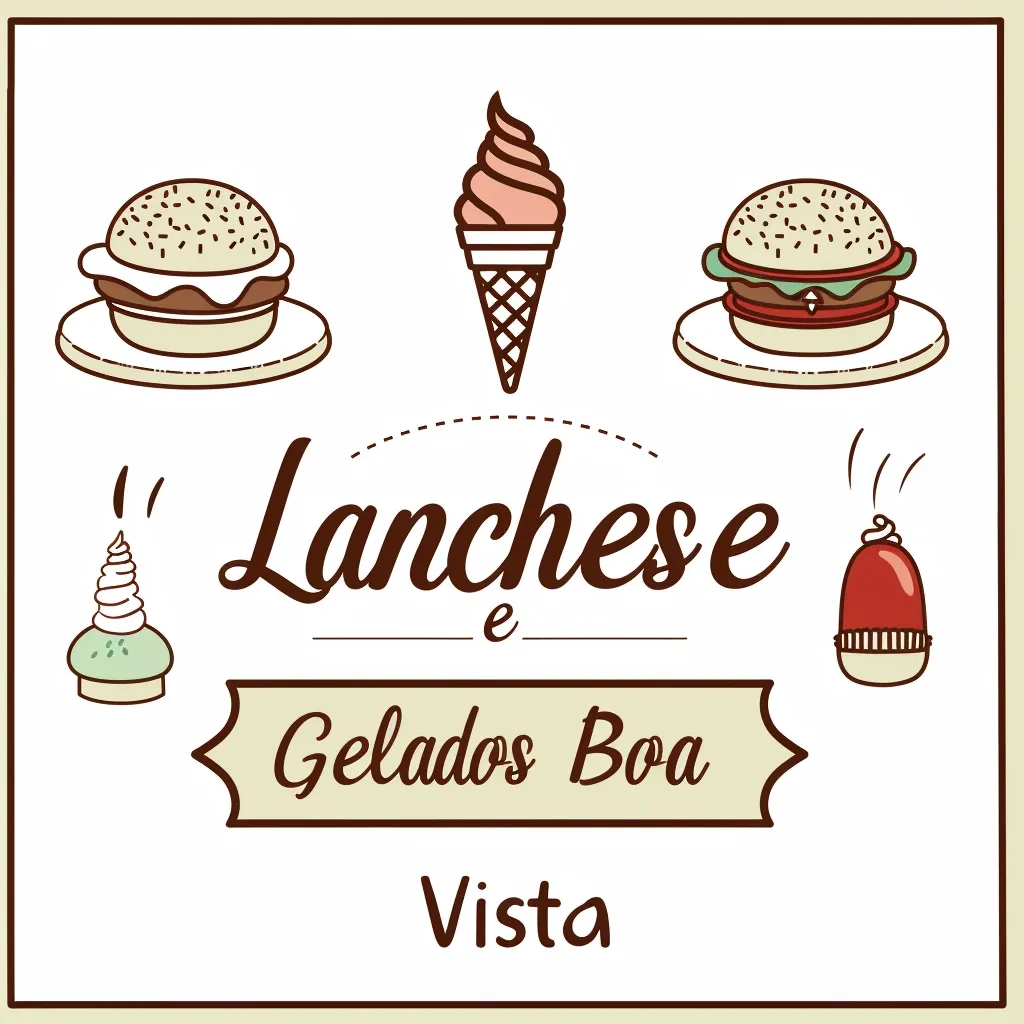 The image is a cartoon illustration of a restaurant menu. It features various snacks, including burgers, ice cream cones, and pastries. The menu is written in Portuguese and reads "Lanches e Gelados Boa Vista," which translates to "Sandwiches and Ice Cream Good View." The image is designed in a retro style, with simple lines and bright colors.