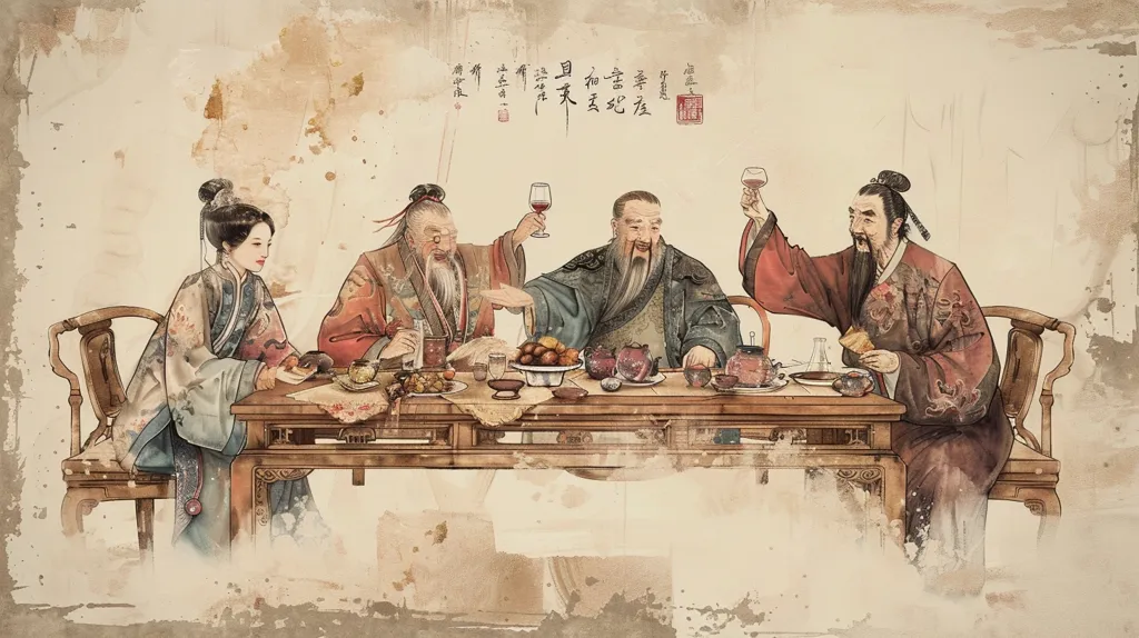 The image depicts a group of four people, three men and one woman, sitting around a table set with food and drink. The woman is wearing a traditional Chinese dress and the men are wearing long robes. They appear to be enjoying a meal together, with the men all holding cups of wine in their hands. The image is painted in a watercolor style and the background is a faded and textured parchment. The artwork gives a sense of traditional Chinese culture and a sense of celebration.