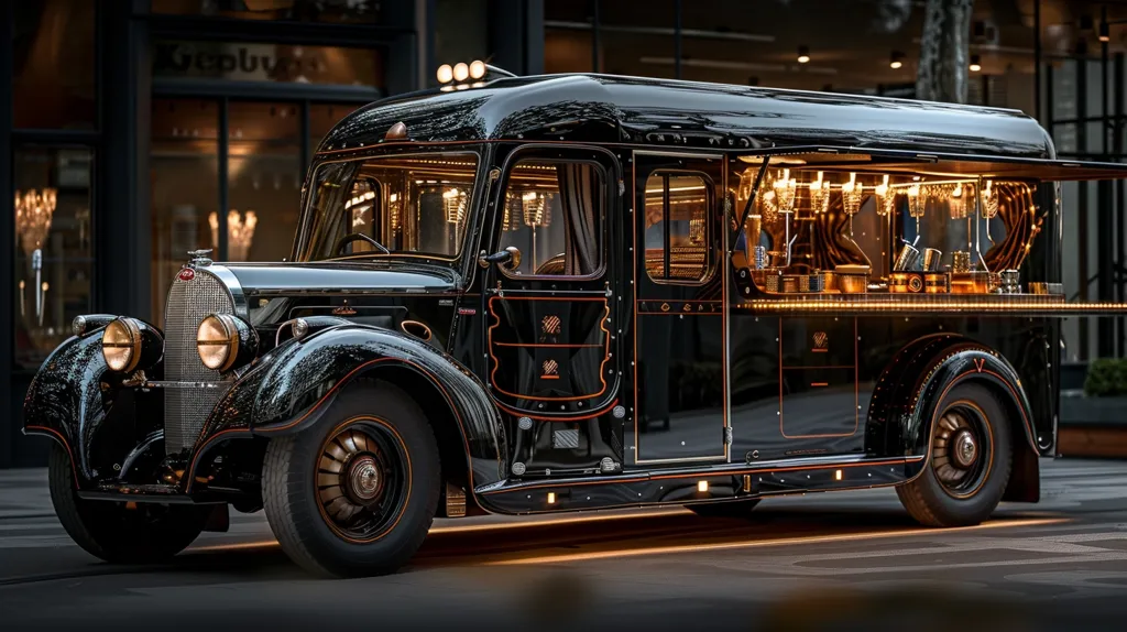 A black, vintage truck with a sleek, modern design. It has a built-in bar with gold accents and lights, and is parked on a cobblestone street. The truck appears to be a custom-built food truck, or mobile bar. It has a vintage feel with modern touches, and would be perfect for serving drinks or food at events.