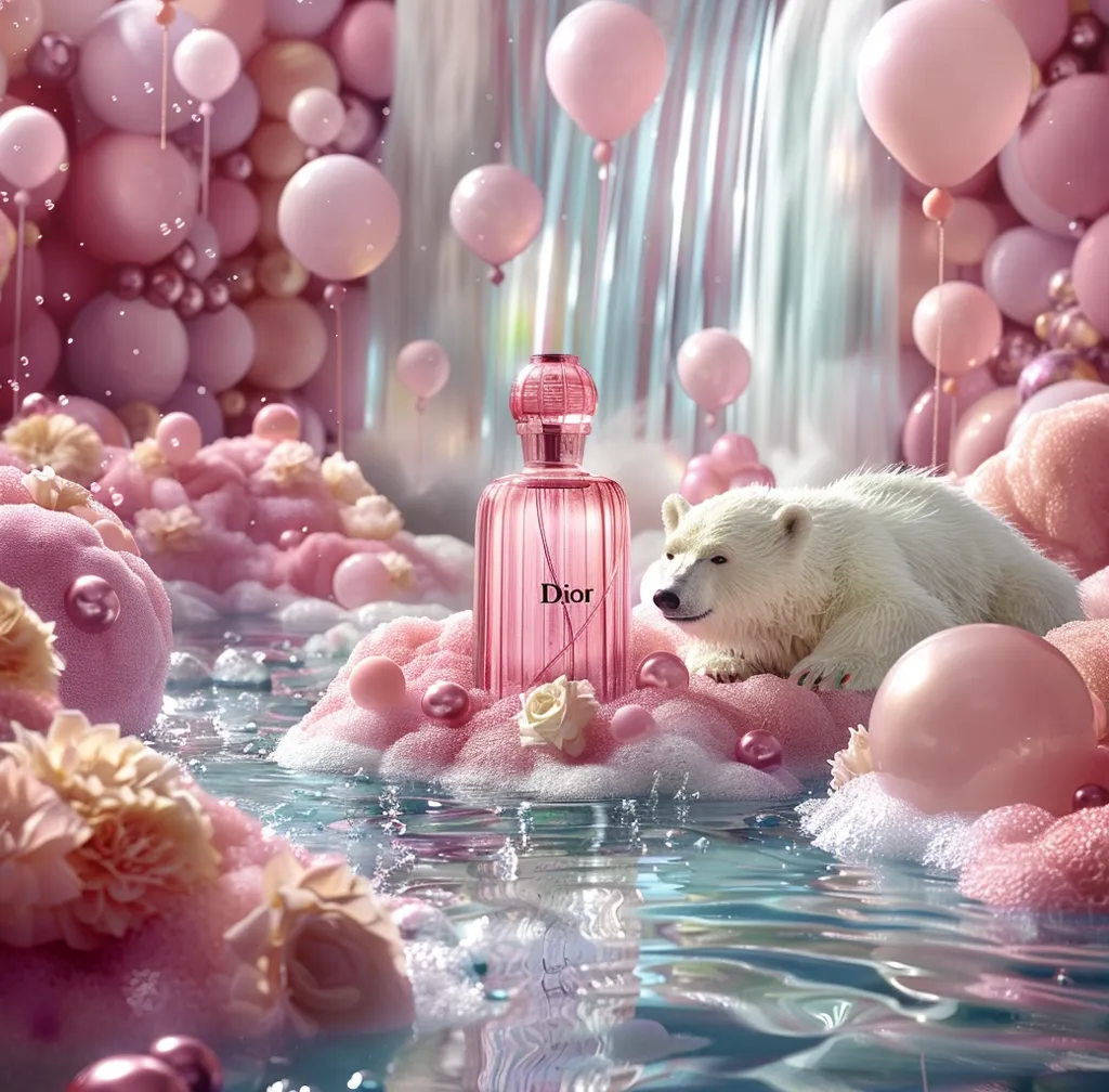 A bottle of Dior perfume sits on a cloud of pink bubbles in a dreamy setting. A white polar bear watches from a nearby cloud. The background is filled with pink balloons and a shimmering waterfall, creating a whimsical and magical atmosphere.  The scene evokes a sense of sweetness and innocence.