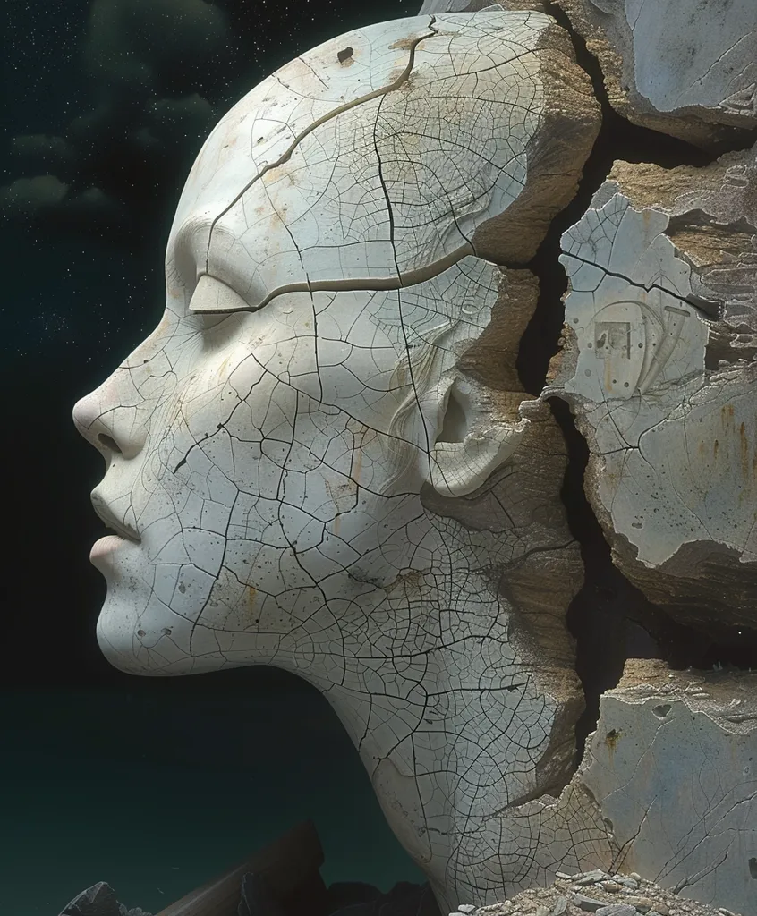 The image depicts a close-up of a weathered, cracked stone sculpture of a woman's face. The sculpture is broken and fragmented, with deep fissures running through the surface. The woman's face is turned in profile, her eyes closed and her expression serene. The background is a dark, textured surface that suggests a crumbling environment. The image evokes a sense of time, decay, and fragility.