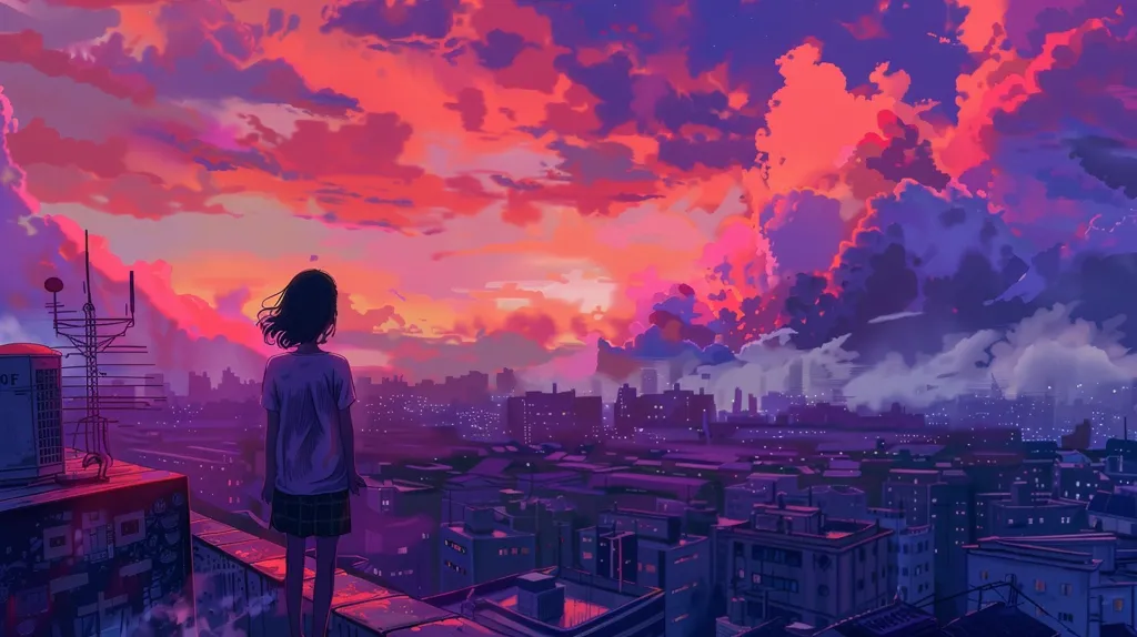 A young woman stands on a rooftop overlooking a cityscape. She is looking out at the sunset, which is a mix of vibrant pinks, oranges and purples. The city below is bathed in soft light, with many buildings and windows visible. The sky is filled with fluffy clouds, adding to the overall dreamy atmosphere. The scene evokes a sense of peace and quiet reflection.