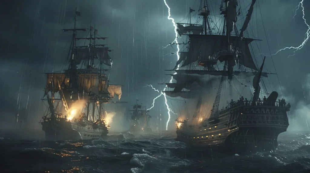 A stormy night at sea, a fleet of three ships navigates the choppy waters. Lightning streaks across the dark sky, illuminating the ships' sails and the faces of the crew. The rain falls heavily, soaking the decks and creating a sense of danger and mystery. The ships are silhouetted against the dramatic backdrop, their wooden hulls and masts barely visible in the torrential downpour. The scene evokes a sense of adventure and intrigue, hinting at a perilous journey through stormy seas.