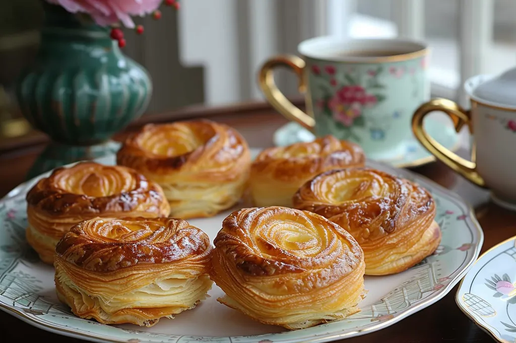 A close-up shot of six golden brown pastries arranged on a white plate with intricate floral designs. The pastries have a swirl pattern and look delicious. In the background, a teacup and a teapot with floral patterns sit on a wooden table. The scene is warm and inviting, suggesting a cozy afternoon tea setting.