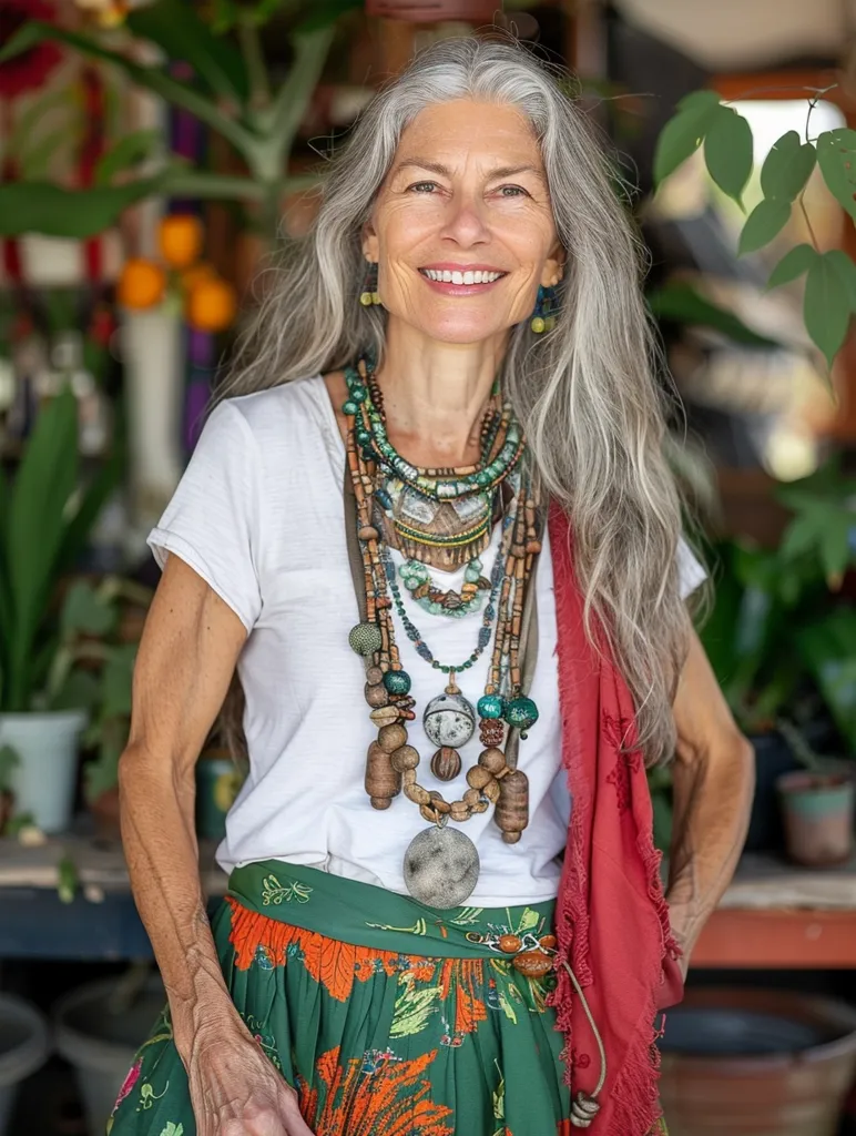 A woman with long silver hair smiles at the camera. She is wearing a white t-shirt and a green skirt with an orange and floral pattern.  She has a large, layered necklace with wooden beads, bells, and turquoise stones. A red scarf hangs loosely around her shoulders. The background is out of focus, but there is lush greenery and potted plants.  The woman has a relaxed and friendly expression.  She appears to be in her late 50s or early 60s.