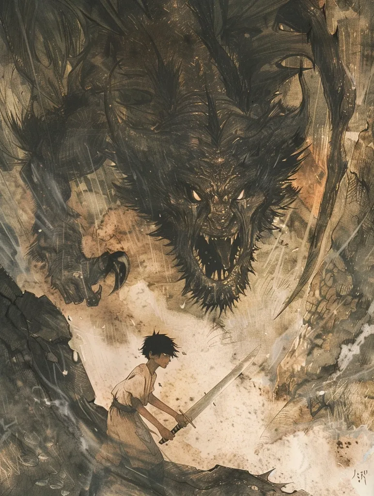 A young boy, dressed in simple clothes, stands with a sword raised against a monstrous creature. The creature, with a large, gaping maw and sharp claws, looms over the boy. Its fur is dark, and its eyes glow with an ominous light. The scene is depicted in a painterly style, with brushstrokes of brown, grey, and white creating a sense of chaos and danger. The background is a blur of muted tones, leaving the boy and the creature in stark contrast.