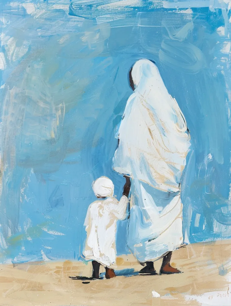 The painting depicts two figures, an adult and a child, walking away from the viewer in front of a blue background. The figures are both wearing white robes and are likely in a desert or sandy environment. The adult figure is draped in a large, flowing robe, while the child is smaller and holding onto the adult's hand. The scene is simple and evocative, with the figures appearing to be in the midst of a journey. The painter has used loose brushstrokes and a limited color palette to create a sense of movement and depth.