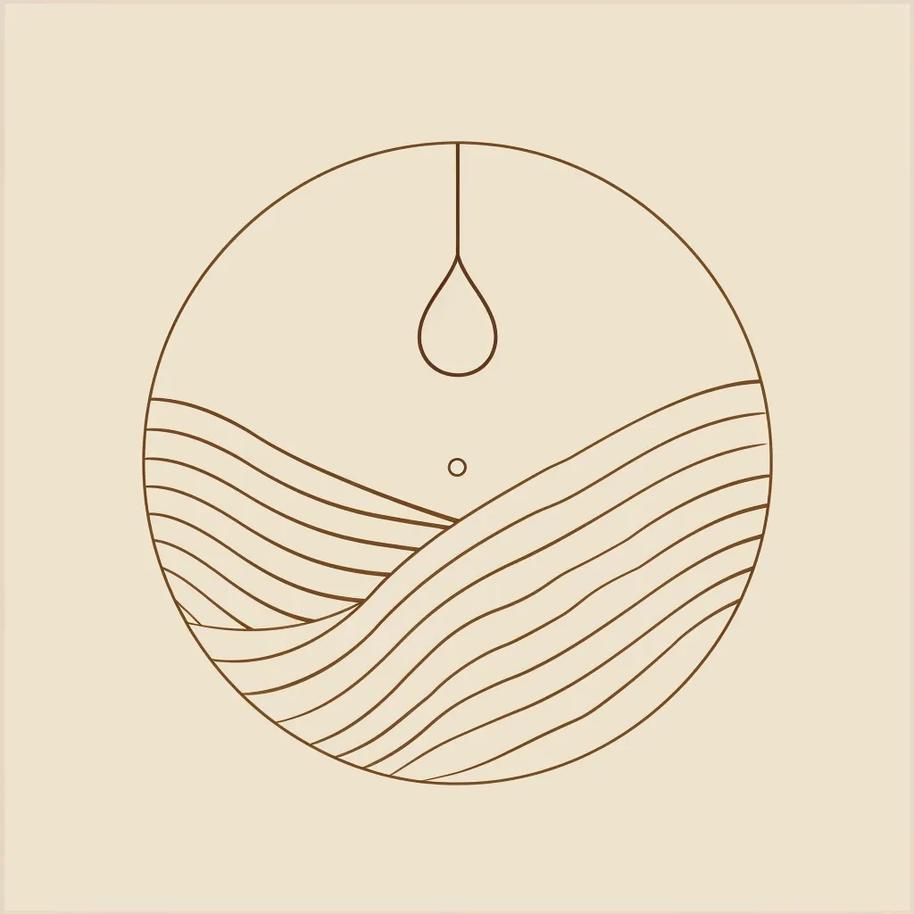 The image is a minimalist line drawing of a stylized landscape. A single teardrop hangs from the top of a circular frame, centered above a series of curved lines that resemble rolling hills. The lines are all of the same thickness and create a sense of repetition and rhythm. The overall design is simple yet elegant, with a muted beige background that complements the brown lines.