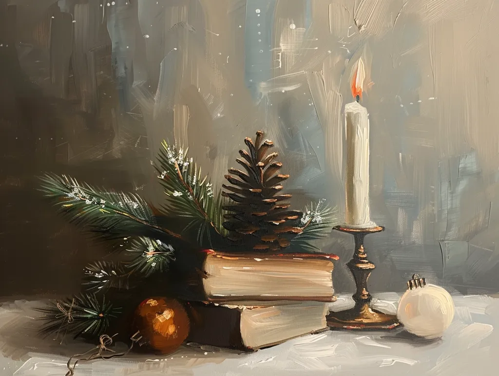A still life painting featuring a lit candle on a brass candlestick, a pine cone, a stack of books, and a Christmas ornament.  The setting is cozy and festive with a muted background of browns and grays.  The light from the candle illuminates the objects and creates a warm glow.  The overall atmosphere is calm and reflective.