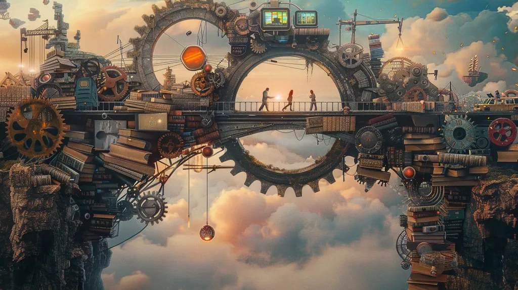 A fantastical steampunk bridge made of gears, cogs, and books spans a cloudy sky. Three figures walk across the bridge, which is supported by two massive gears. The bridge is adorned with intricate details, including a clock face, a crane, and a ship flying through the clouds. The scene is a whimsical combination of technology and nature, with a touch of steampunk flair.