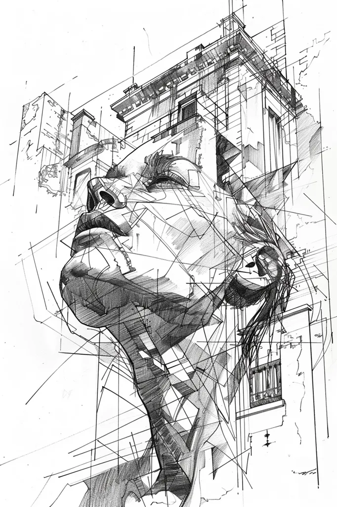 The image is a pencil sketch of a woman's face with an architectural background. The woman's face is in the foreground and is drawn in a realistic style, while the buildings behind her are more abstract and stylized. The lines of the buildings and the woman's face intersect, creating a sense of depth and dimension. The overall effect is one of mystery and intrigue.