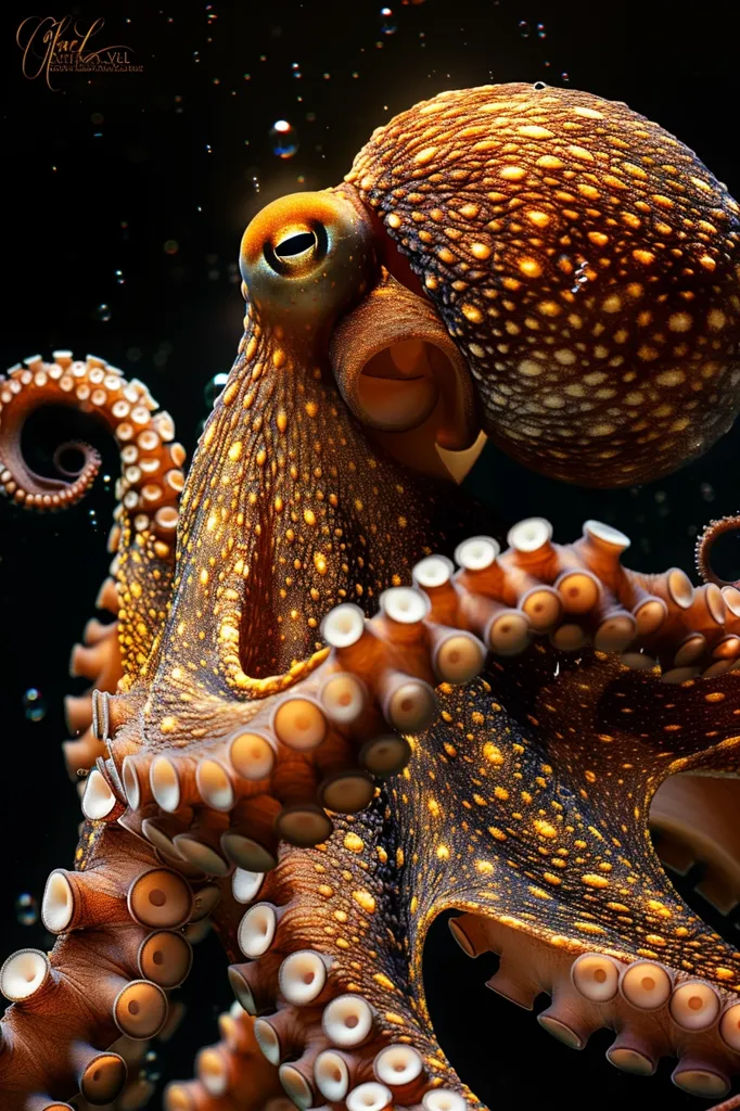The image shows a close-up of an octopus with a speckled brown and gold skin. Its large eye is prominent, and its multiple tentacles are curled and arranged in a complex pattern. The octopus appears to be underwater, with small bubbles visible in the background. Its skin texture is detailed, with a pattern of dots and ridges.  The lighting highlights the octopus's intricate form and contrasting colors.