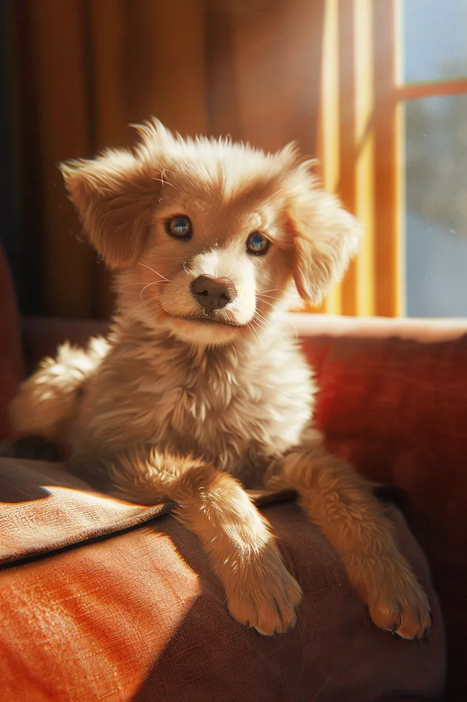 A fluffy, light brown puppy with blue eyes sits on an orange couch, its paws resting on the cushion. The dog is looking directly at the camera, its expression curious and alert. Warm sunlight streams in from a window behind the couch, illuminating the puppy's fur. The dog's relaxed posture and soft gaze convey a sense of contentment and warmth.