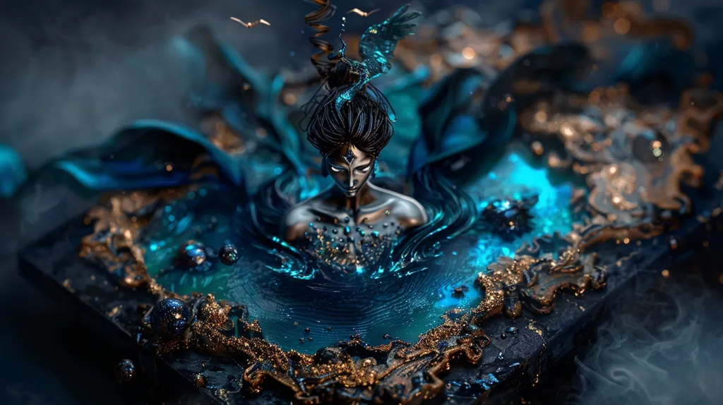 A dark and mysterious scene with a silver female figure emerging from a pool of shimmering blue liquid. The liquid is surrounded by a swirling, metallic landscape, and there is a subtle, ethereal smoke around the edges. The figure has a crown of feathers and a dark,  intricate design across her chest. The scene is lit with a blue and gold glow, adding to the mystical and otherworldly atmosphere.  The overall effect is one of beauty, power, and an air of ancient magic.