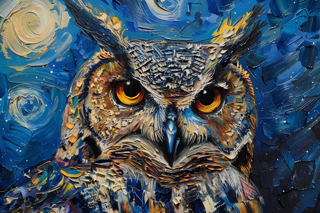 The image is a close-up painting of an owl's face. The owl has large, bright yellow eyes and a textured, brown and blue patterned face. The background is a deep blue with white stars and swirling brushstrokes, reminiscent of Van Gogh's "Starry Night". The thick paint application creates a three-dimensional effect. The owl's gaze is intense and captivating.  The overall style is expressive and painterly.