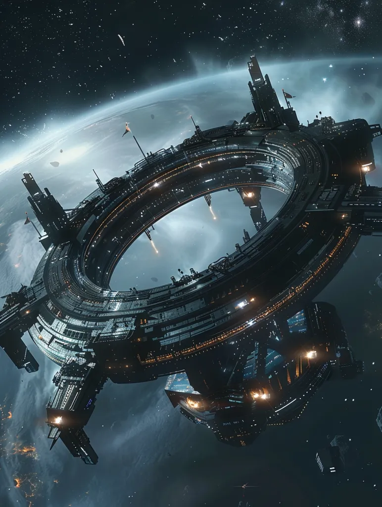 A massive, futuristic space station, shaped like a ring, orbits a distant planet. The station is made of dark metal and has numerous lights, suggesting it's operational. It is surrounded by a field of stars, creating a sense of scale and isolation. The planet's surface is obscured by swirling clouds, hinting at a mysterious and possibly dangerous environment. The image evokes a sense of wonder and the potential for exploration.