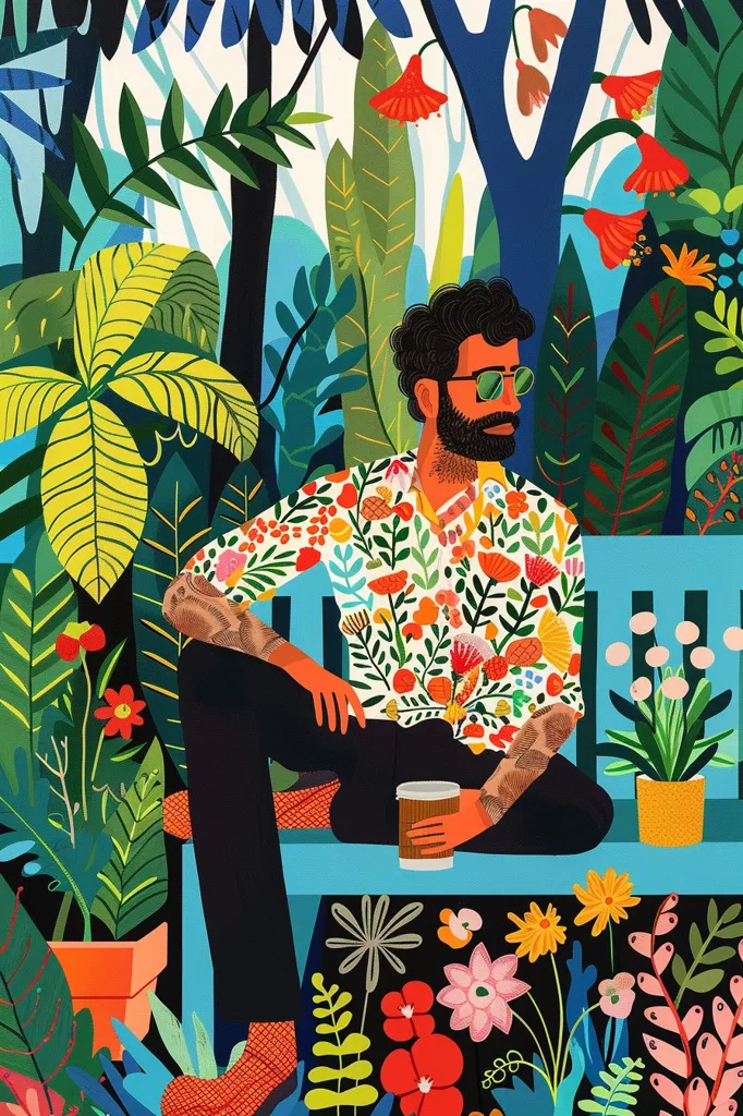 A man with a beard and sunglasses sits on a blue bench, wearing a brightly colored floral shirt. He is holding a cup of coffee in one hand and leaning back with a relaxed expression. The scene is surrounded by vibrant green and colorful plants, with flowers blooming in the foreground and background, creating a lush and tropical atmosphere.