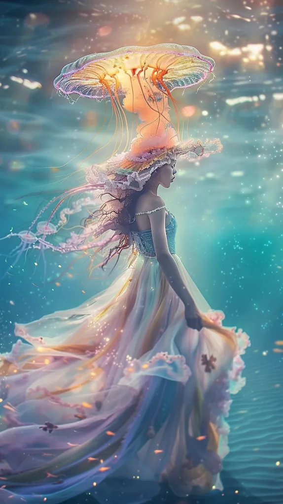 A woman wearing a flowing white dress with pink accents stands beneath a large jellyfish. The jellyfish's bell is translucent with shades of pink and orange, and its tentacles trail behind it. The woman's hair flows around her, and she gazes down with a serene expression. The underwater scene is filled with shimmering light and sparkles, creating a magical and ethereal atmosphere.