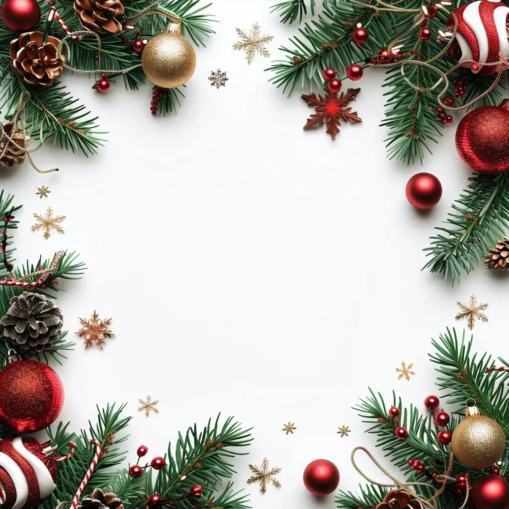 The image shows a festive Christmas border composed of evergreen branches adorned with red and gold baubles, pine cones, red berries, and gold snowflakes. The branches form a frame around a white background, creating a festive and celebratory backdrop. The use of classic Christmas colors and decorations adds a touch of holiday cheer.