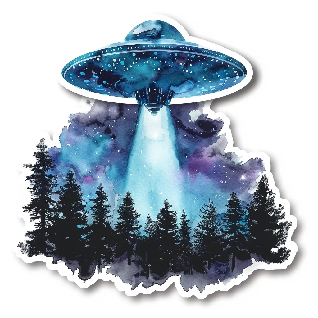A watercolor illustration of a flying saucer hovering over a dark forest. The UFO is blue and black with a bright beam of light shining down onto the trees. The background is a starry night sky with purple and blue clouds. The image is surrounded by a white border.