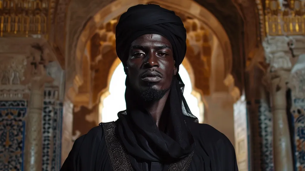 A man in a black turban and robe stands in a doorway of an ornate, arched building. His gaze is direct and intense, framed by the golden details of the structure. The lighting casts shadows on his face, adding to his mysterious aura.  The background is blurred, drawing attention to his powerful presence.
