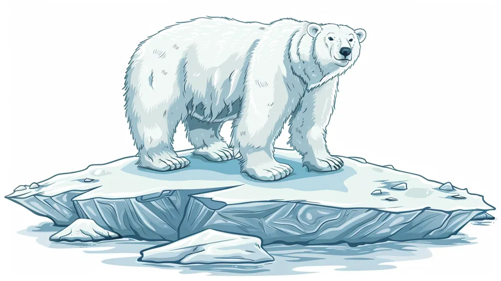 A polar bear stands on a large, cracked ice floe. The bear is facing right, its paws planted firmly on the ice. The ice floe is surrounded by a light blue water. The image is likely a representation of the threats faced by polar bears due to climate change.