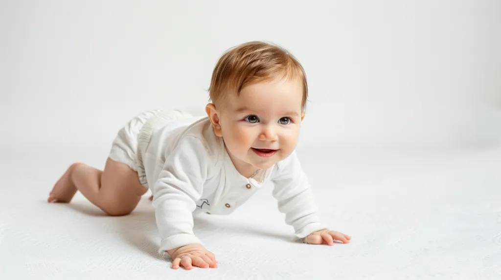 A baby in a white onesie crawls on a white surface. The baby has a happy expression on their face, with big blue eyes and rosy cheeks. They are wearing a white onesie with a small design on the front. The baby is looking to the right and their body is turned slightly to the left. They have their hands on the surface in front of them. The background is a simple white, allowing the baby to be the focus of the image.  The photo is well-lit and captures the baby's innocence and cuteness.