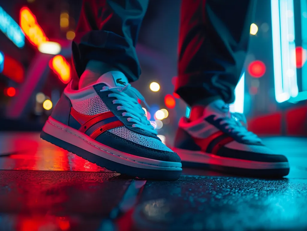 A pair of blue and white sneakers with red accents are worn by a person standing in a brightly lit urban environment. The sneakers are brightly lit, and the city lights create a colorful background. The image captures a sense of urban style and fashion.