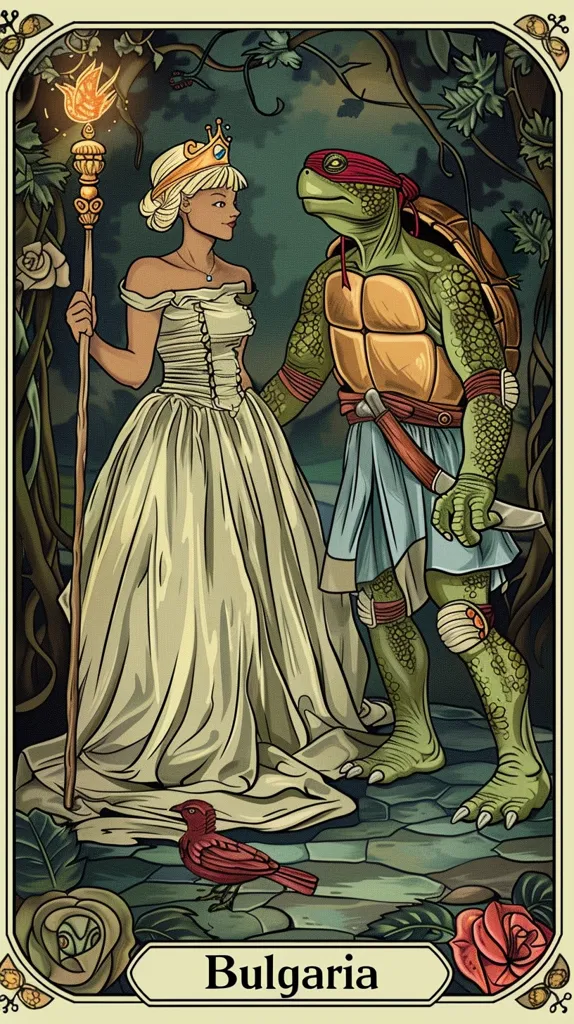 A princess in a flowing white gown stands with a Teenage Mutant Ninja Turtle in a forest. The princess holds a staff with a burning torch at the top, and the turtle wears a red bandana and carries a katana sword. The background features lush greenery and flowers, and the image is framed by a decorative border. The word "Bulgaria" is written below the characters.
