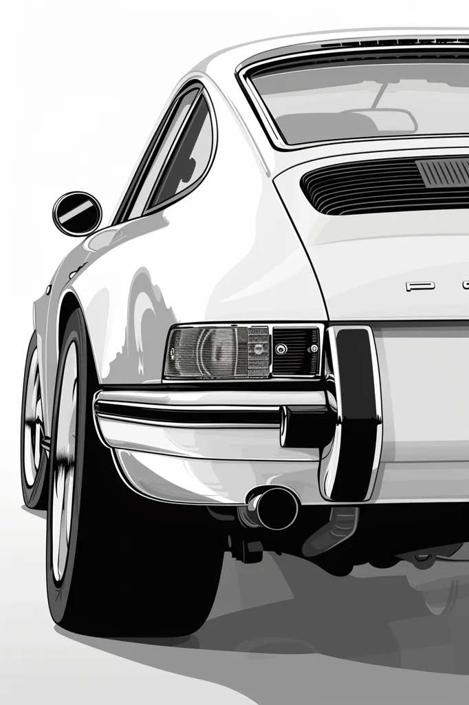 The image is a black and white illustration of a classic Porsche 911. The car is viewed from the rear, with the focus on the iconic rear end. The illustration captures the sleek lines and curves of the car, highlighting its timeless design. The rear lights, exhaust pipe, and Porsche logo are prominently featured. The image conveys a sense of power and elegance associated with this classic sports car.
