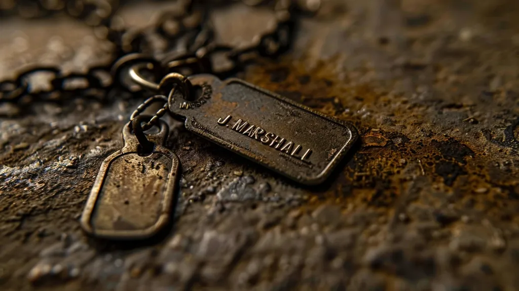 A close-up shot of an old, worn, and tarnished metal chain with two dog tags.  One tag is engraved with the name "J. Marshall." The chain and tags rest on a textured, dark brown surface that appears to be metal.  The image has a vintage feel, highlighting the passage of time and the wear and tear of the objects.  The shallow depth of field draws attention to the tags, while the background is blurred, creating a sense of mystery and intrigue.