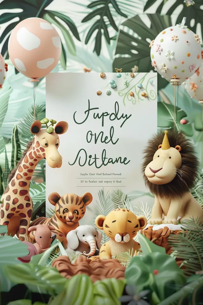A jungle-themed birthday party invitation featuring a giraffe, a lion, a tiger, an elephant, and a baby animal. The background is lush green foliage and the text reads “Happy One! Ditane”  with the tagline “Jungle Good Vibes Birthday Party”.  Two balloon decorations, one pink with white spots and the other white with pink flower patterns, are in the background.
